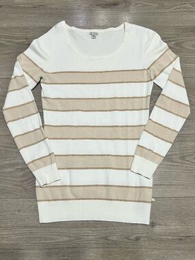 Guess Women's Sweater White Beige Gold Stripe Long Sleeve Pullover Size M